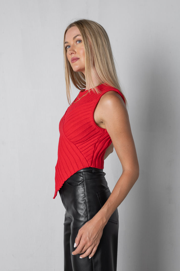 red sleeveless knit top