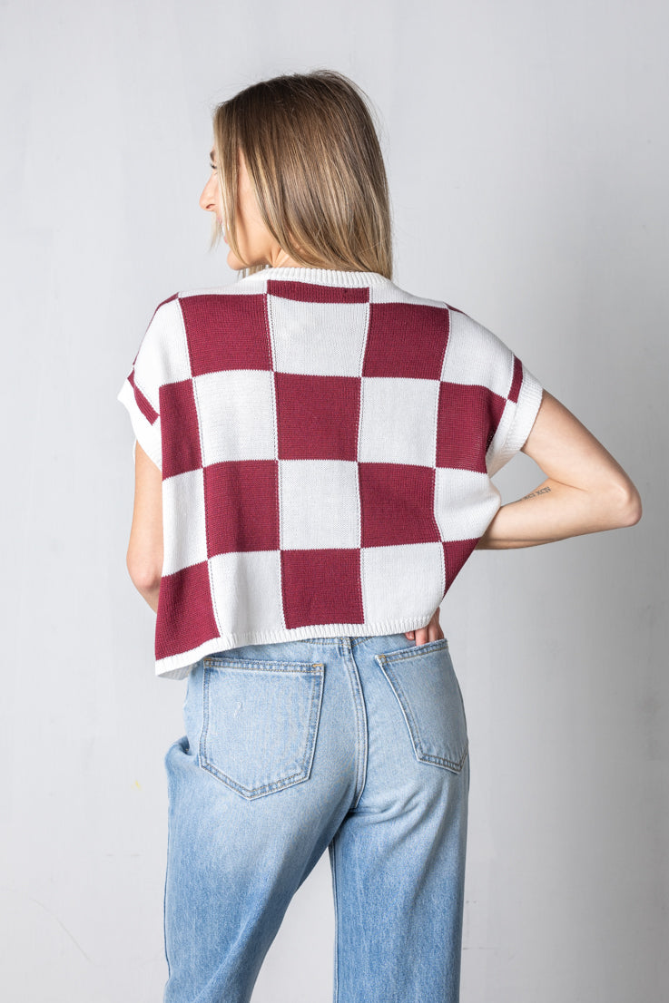 red white checkered knit top