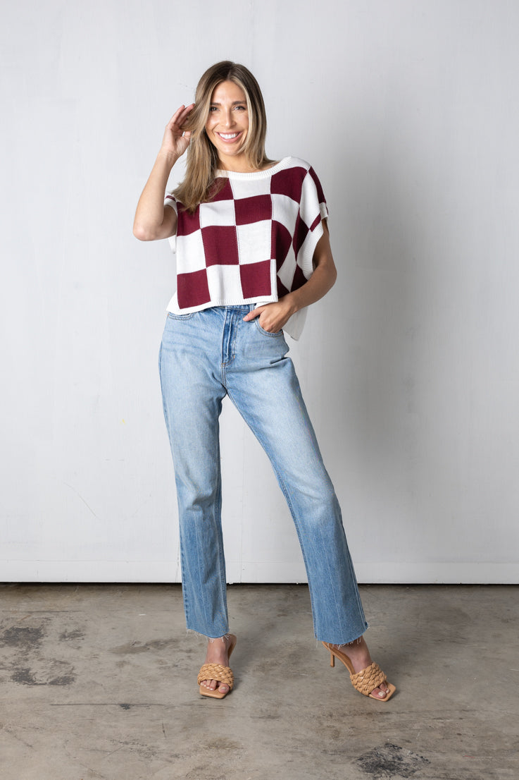 red white checkered knit top