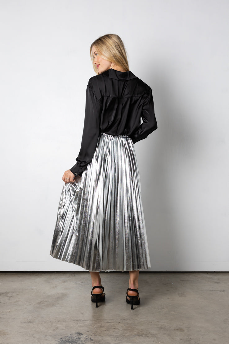 silver pleated midi skirt