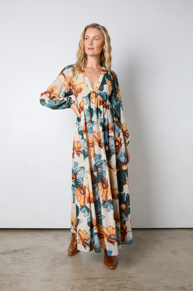 tan blue orange floral maxi dress