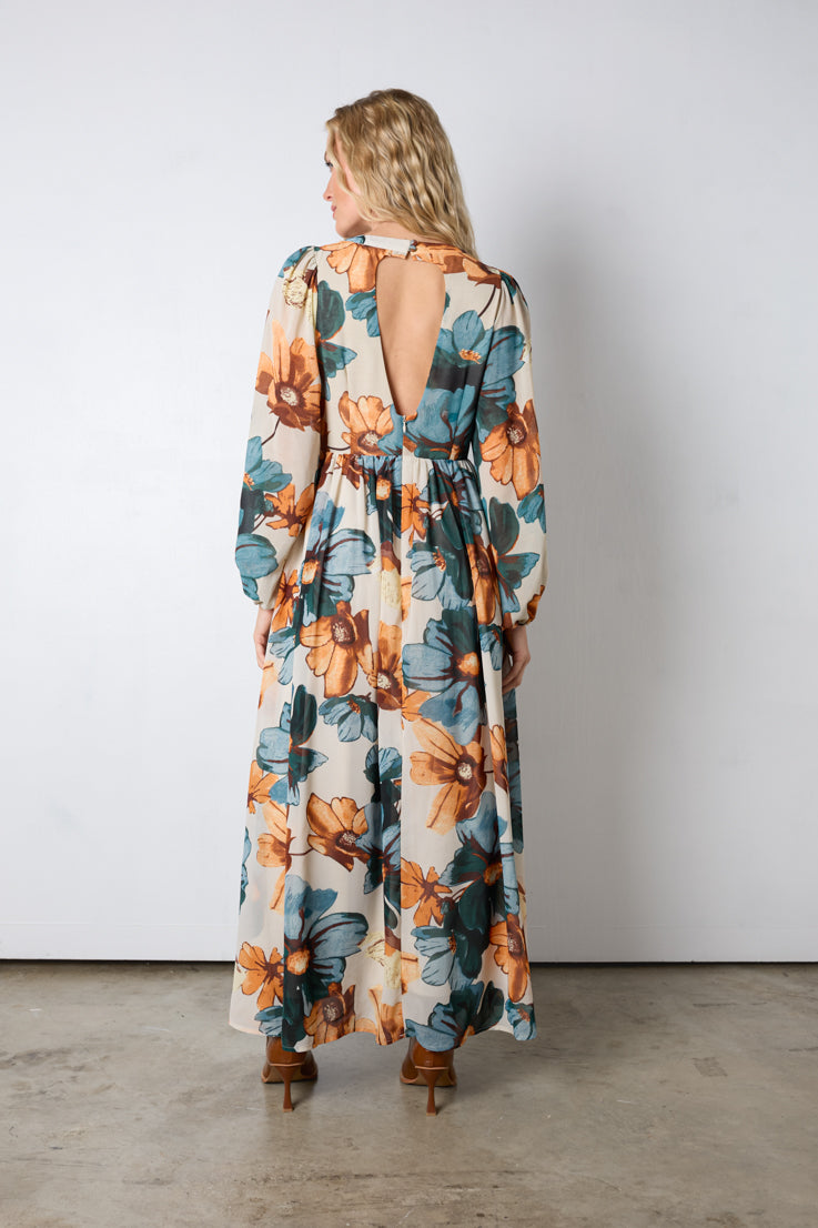 tan blue orange floral maxi dress