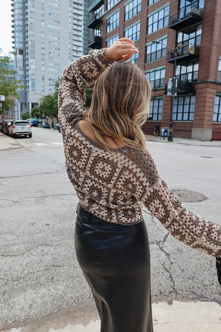 taupe open knit crochet sweater
