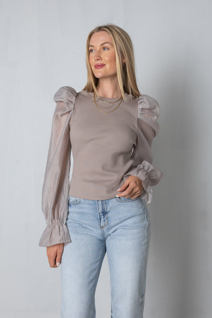 taupe top sheer puff sleeve