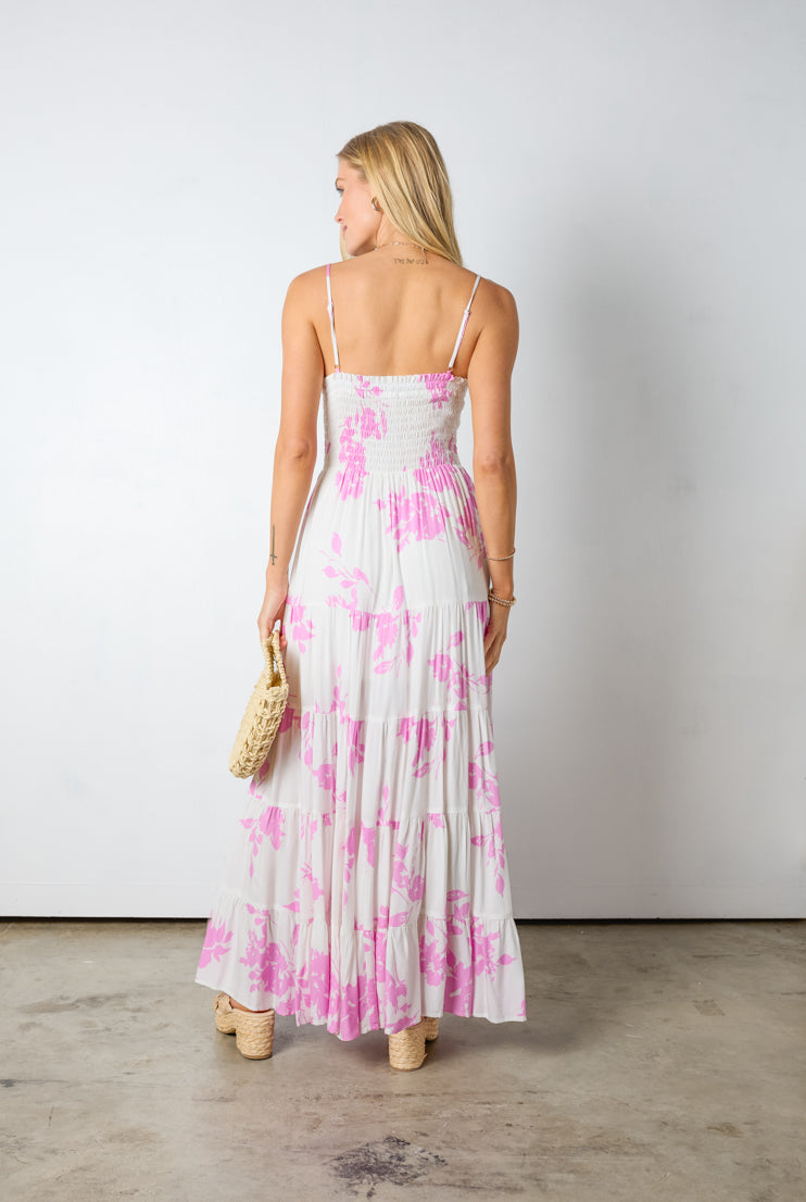 white and pink floral printed maxi dress