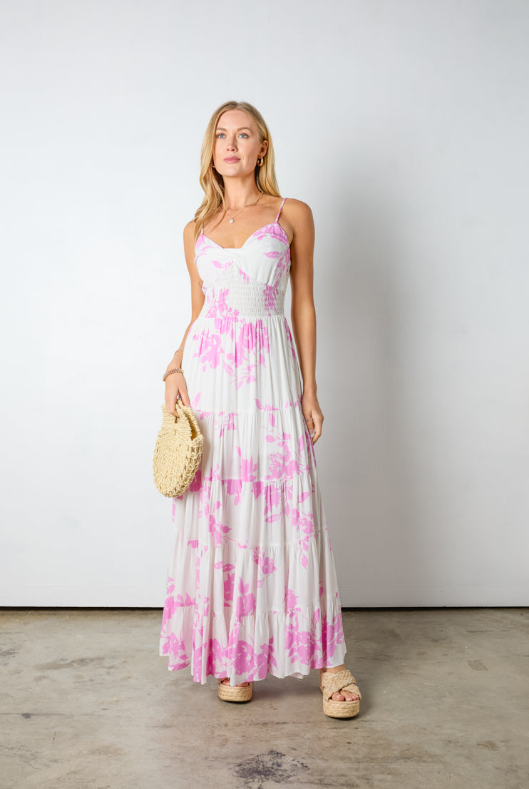 white and pink floral printed maxi dress