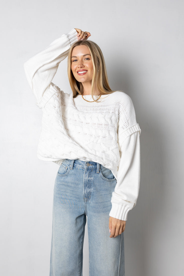 white chunky cable knit sweater