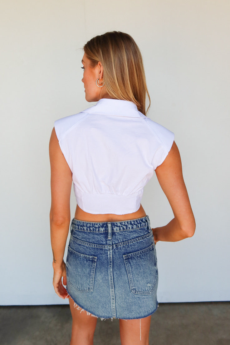 white collared crop top with shoulder pads