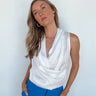 white v-neck draped top