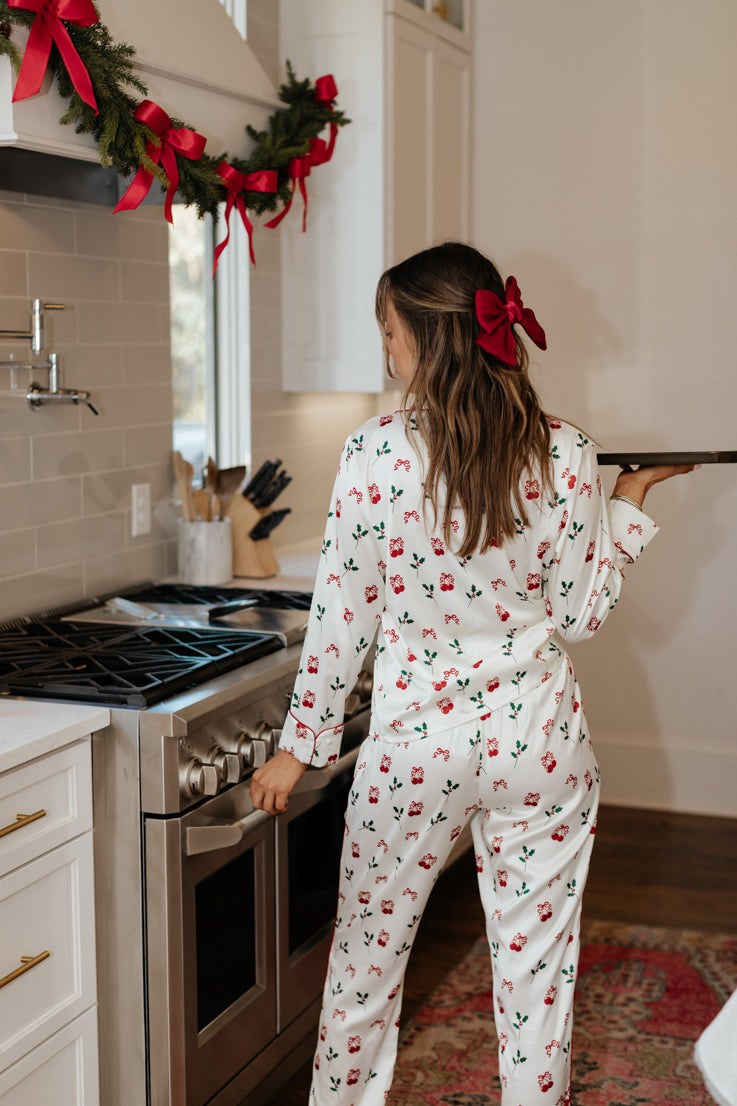white holly and cherry silk PJ pants