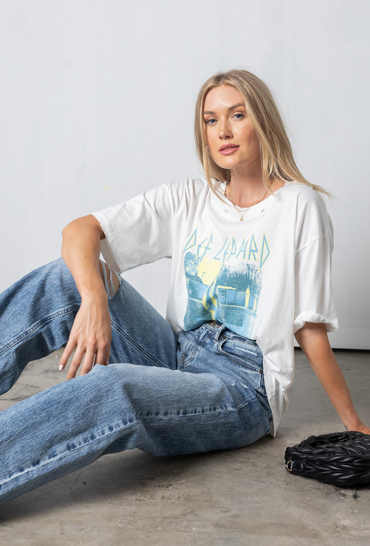 white oversized distressed def leppard tee