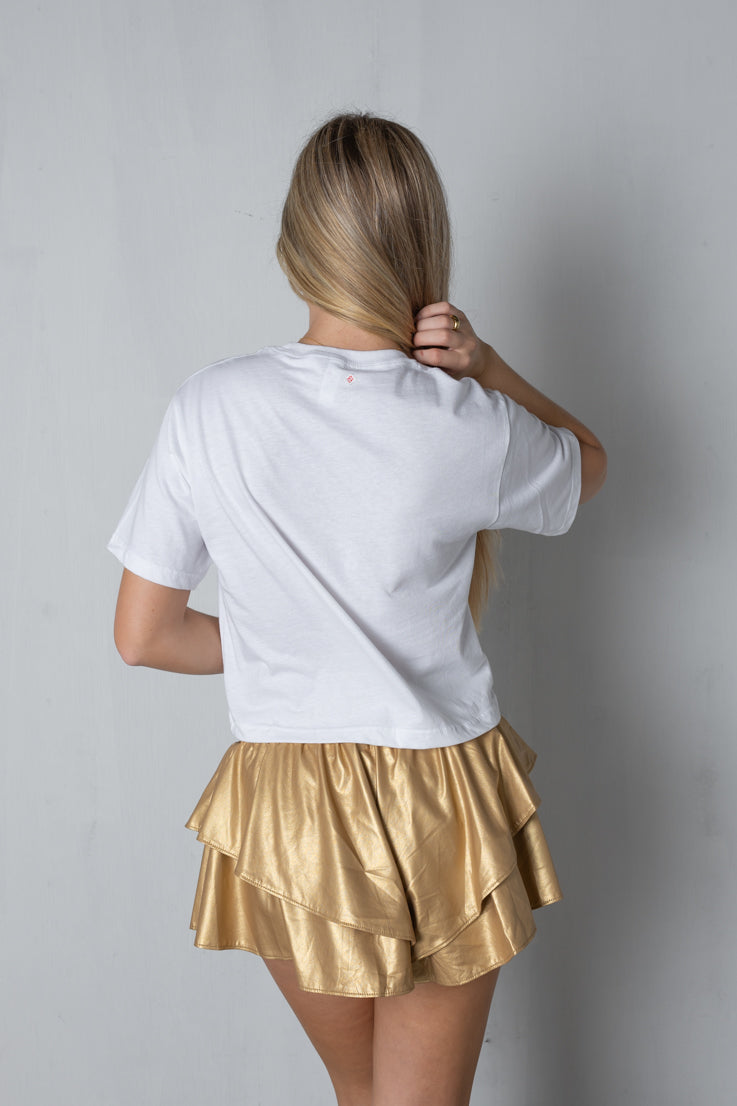 gold tiered shorts