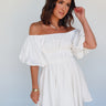 white off the shoulder puff sleeve dress
