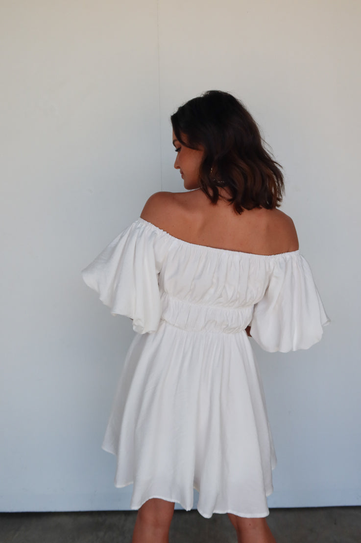 white off the shoulder puff sleeve dress