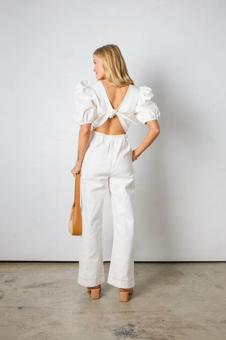 white puff sleeve tie back detail jumpsuit