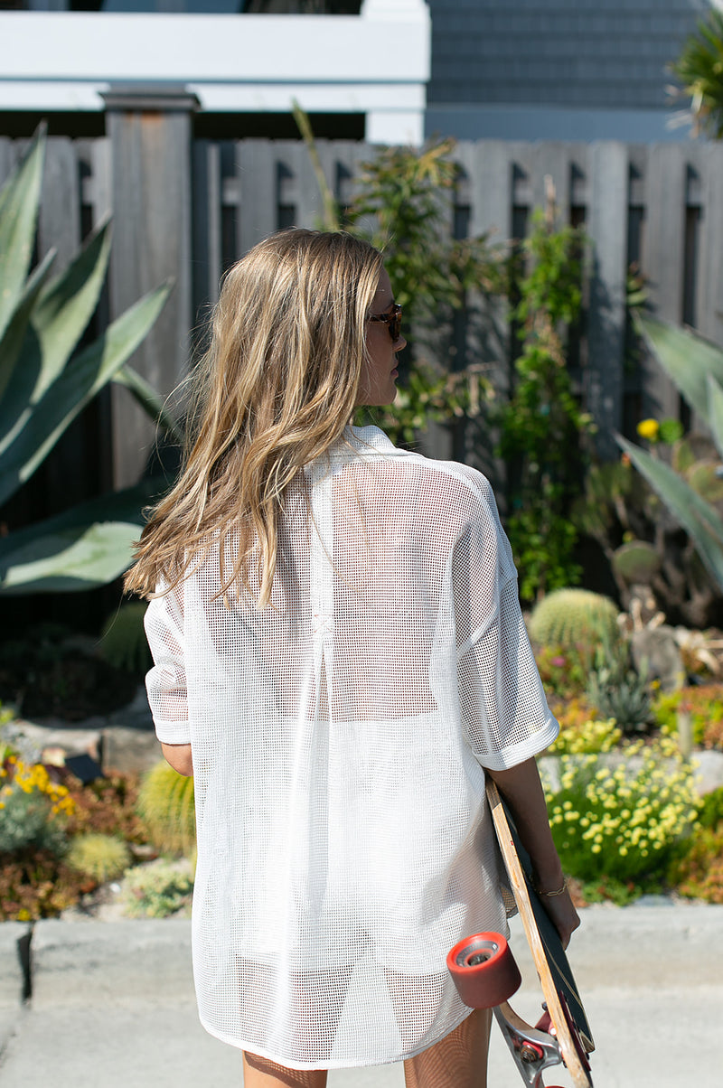 white oversize sheer button up with collar 