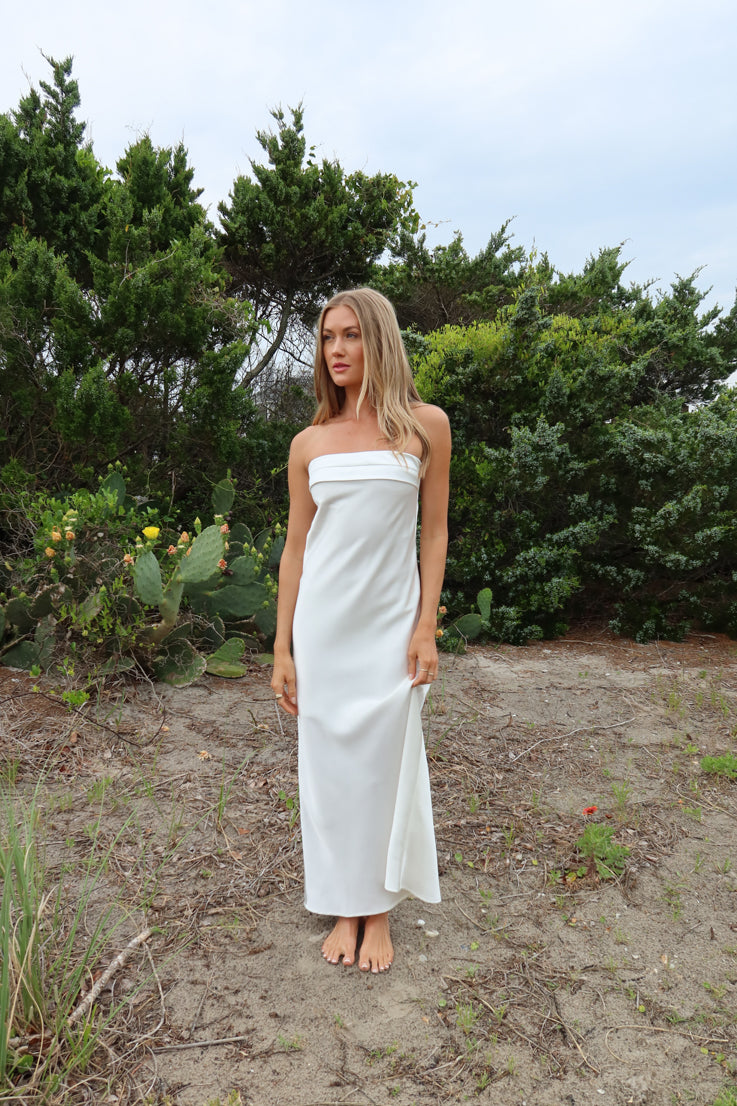 white strapless maxi dress