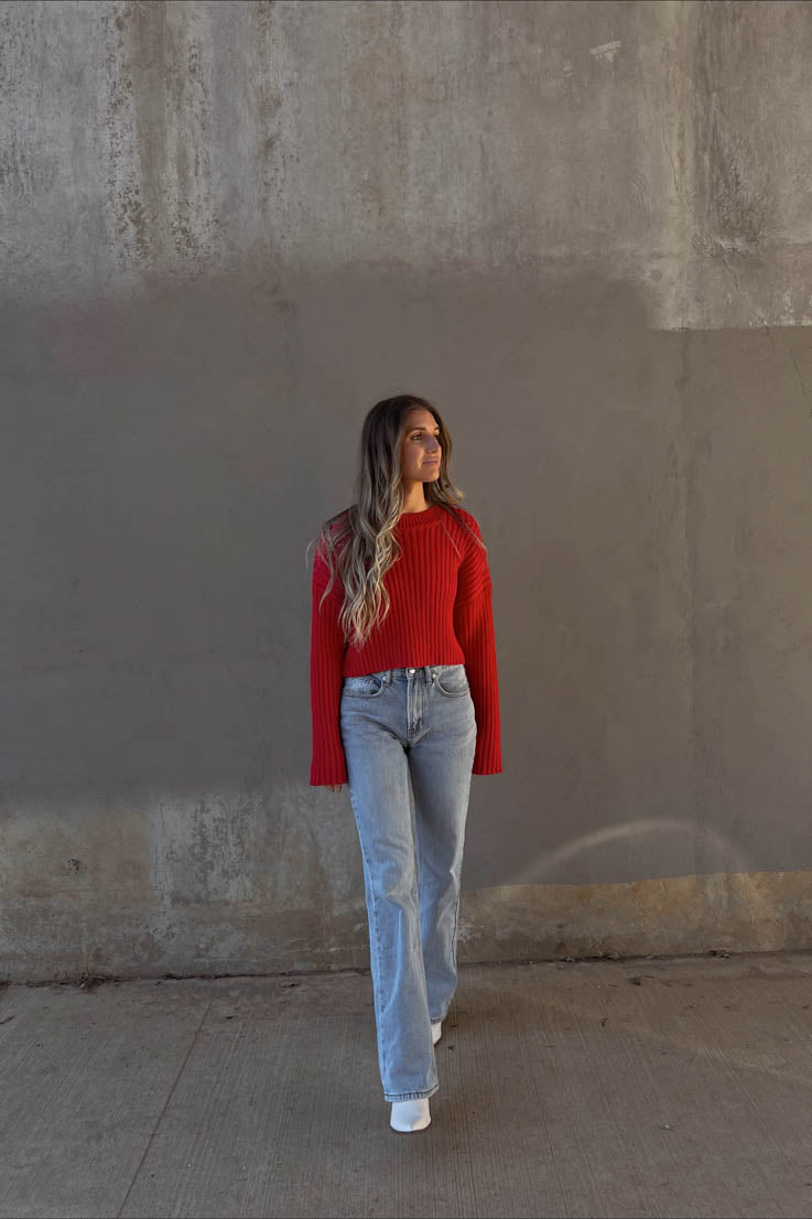 red top and jeans outfit