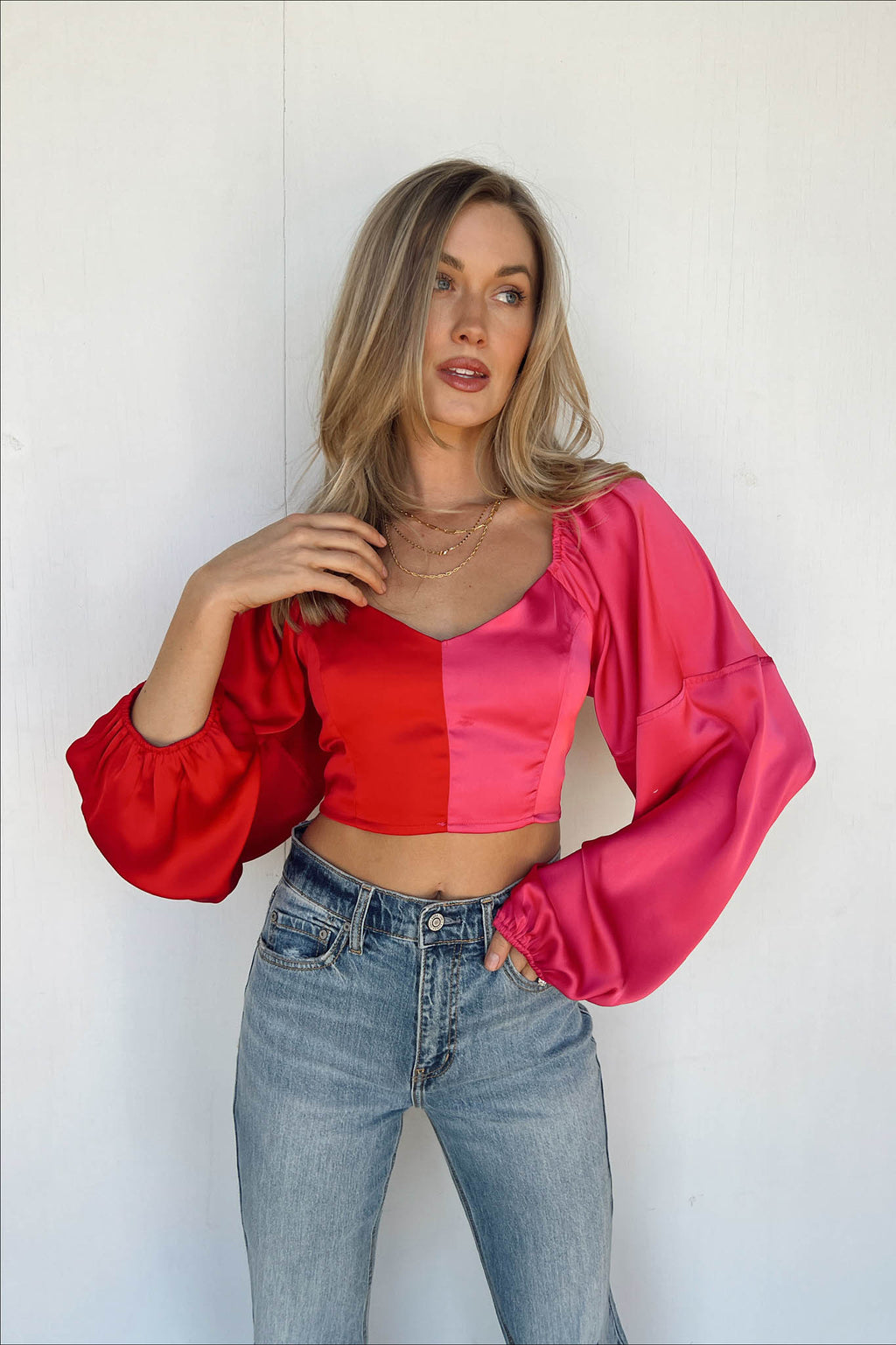 red and pink color block crop top long sleeve