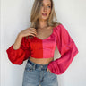 red and pink color block crop top long sleeve