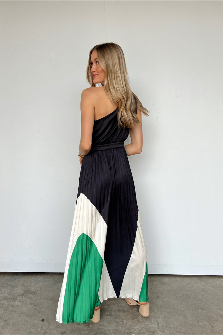black dress with green and white detail