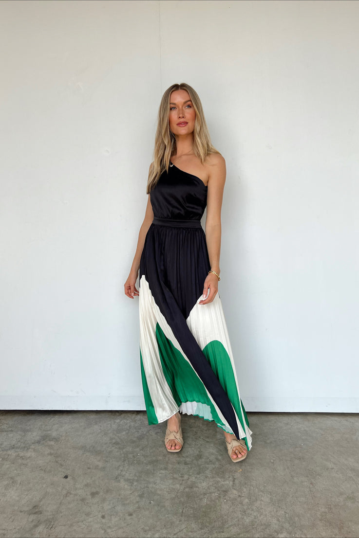 black dress with green and white detail