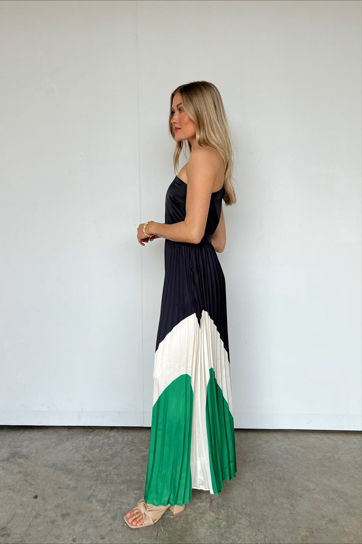 black dress with green and white detail\