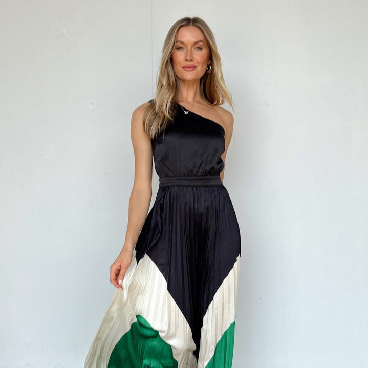 Fashion One Shoulder Sleeveless Color Block Maxi Dress