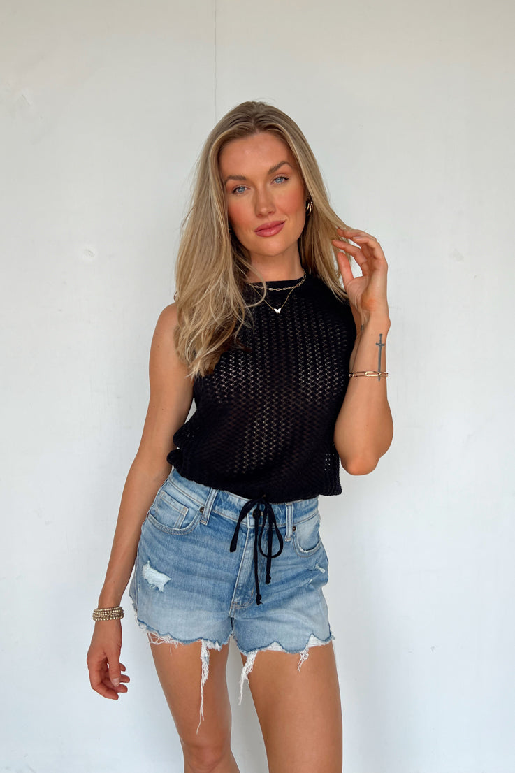 black knit top with draw string