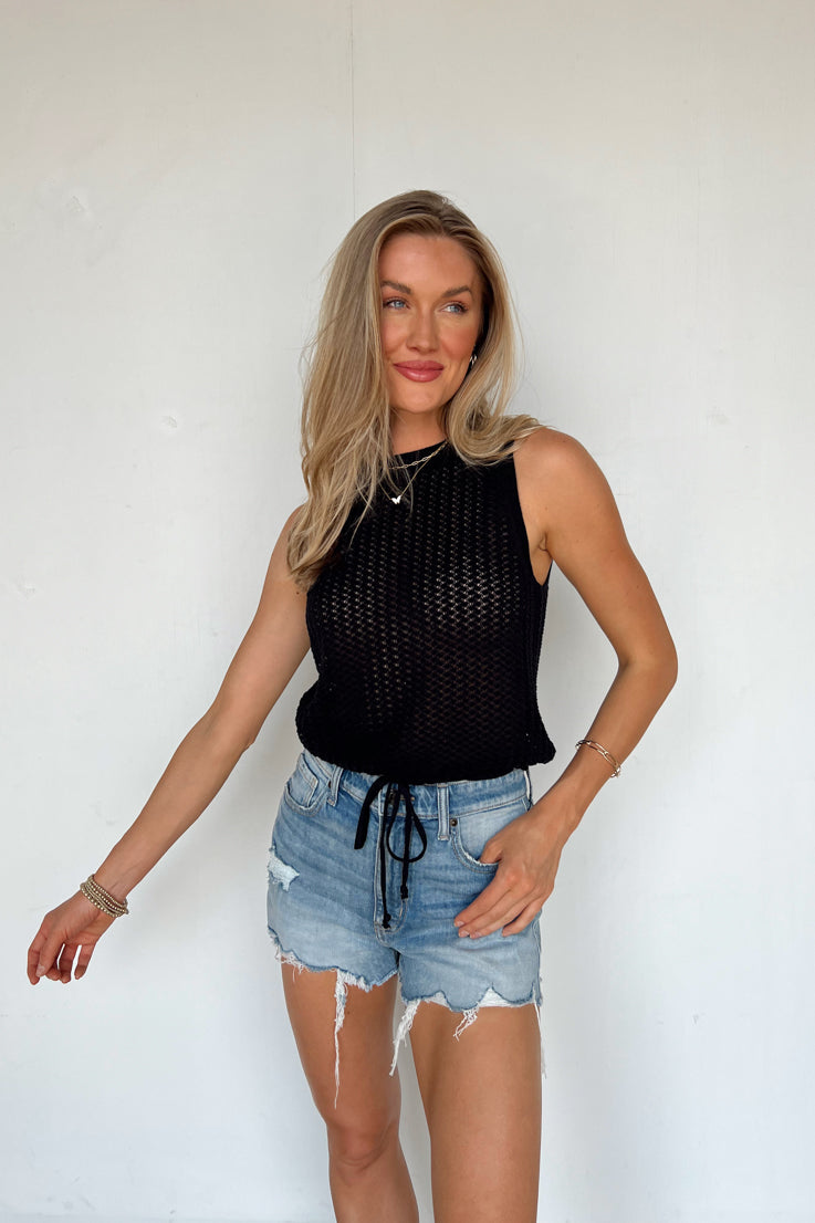 black knit top with draw string