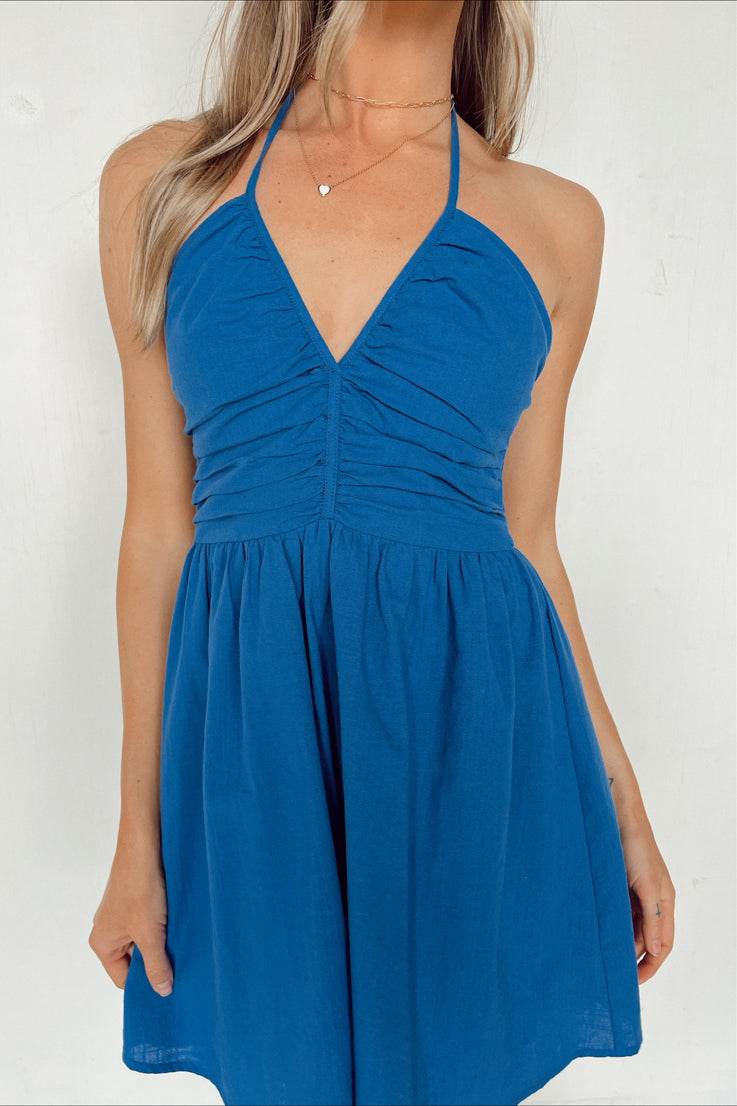 blue halter mini dress