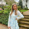 blue and white long sleeve sheer dress