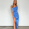 blue maxi dress with one shoulder and a slit 