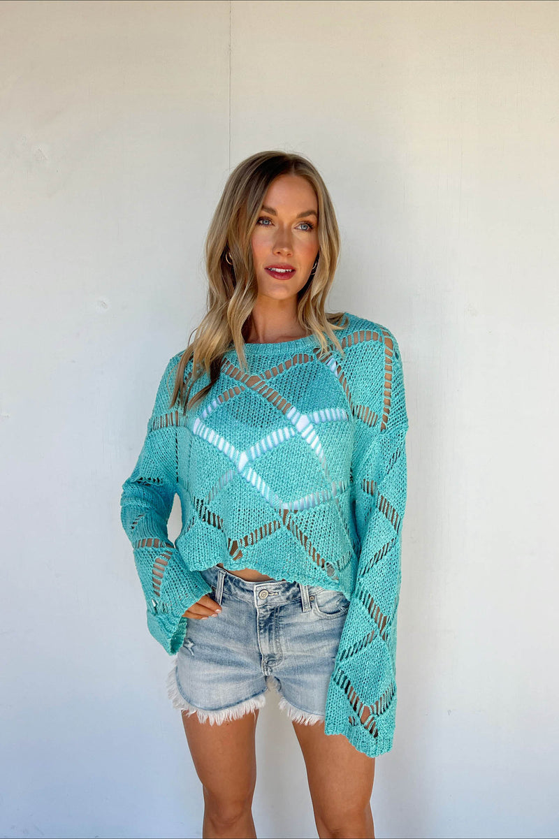 blue open knit sweater