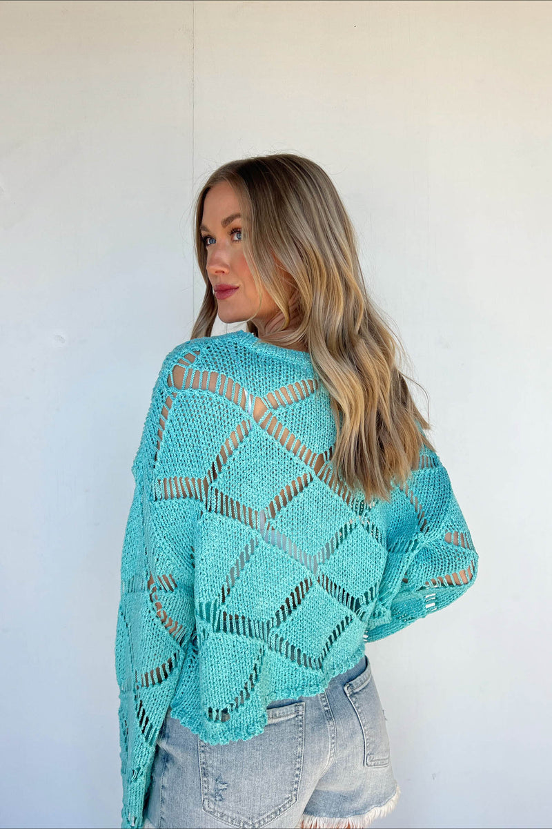 blue open knit sweater