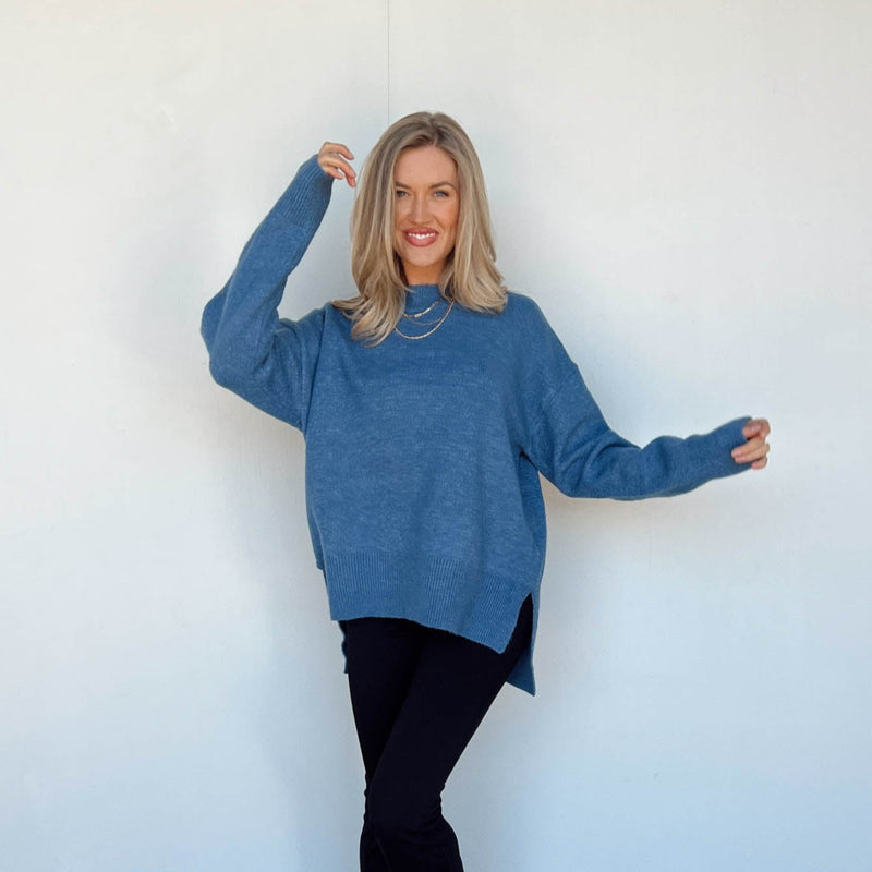 blue oversize high low sweater