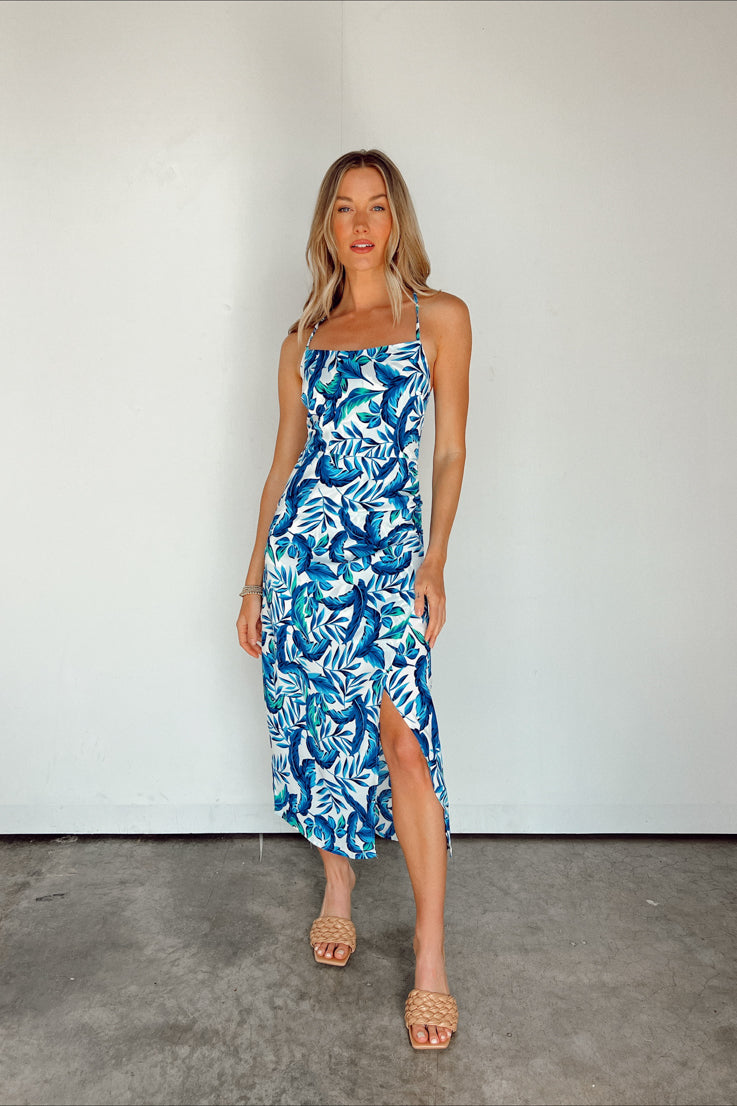 blue printed dress with slit