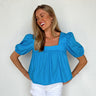 blue square neck babydoll style top