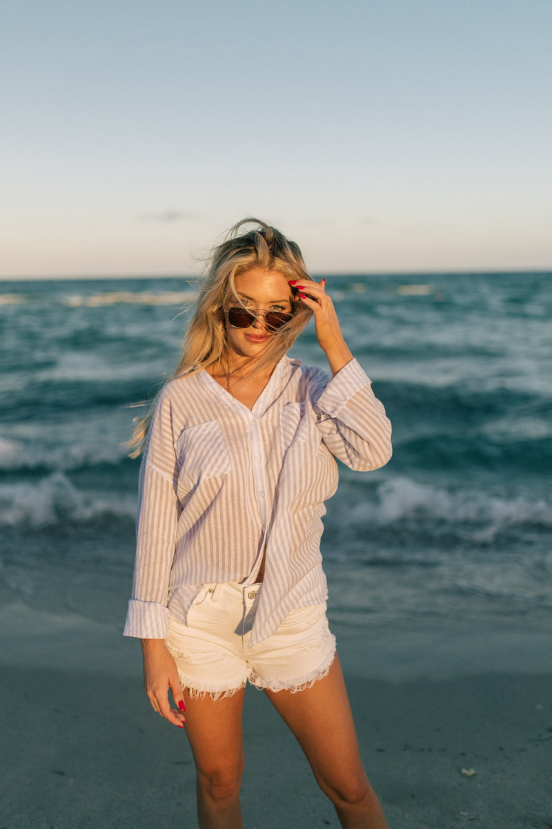 blue and white stripe button up