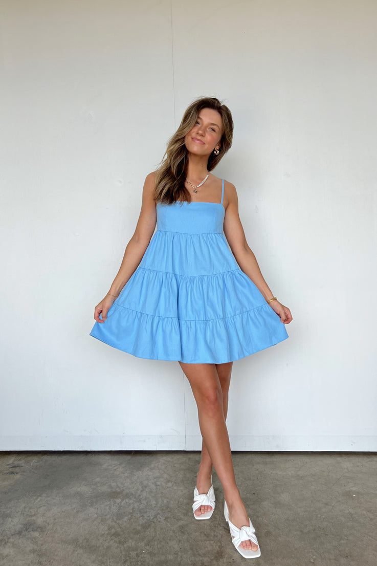 blue tiered babydoll style dress