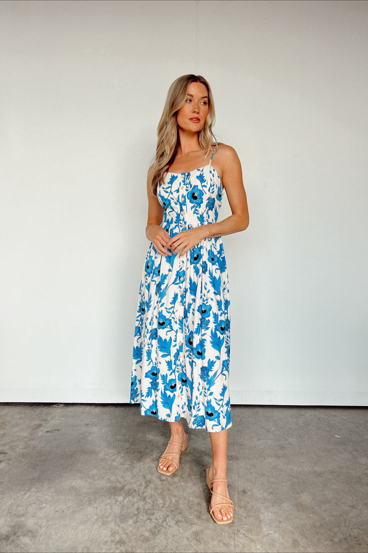 blue and white floral midi dress