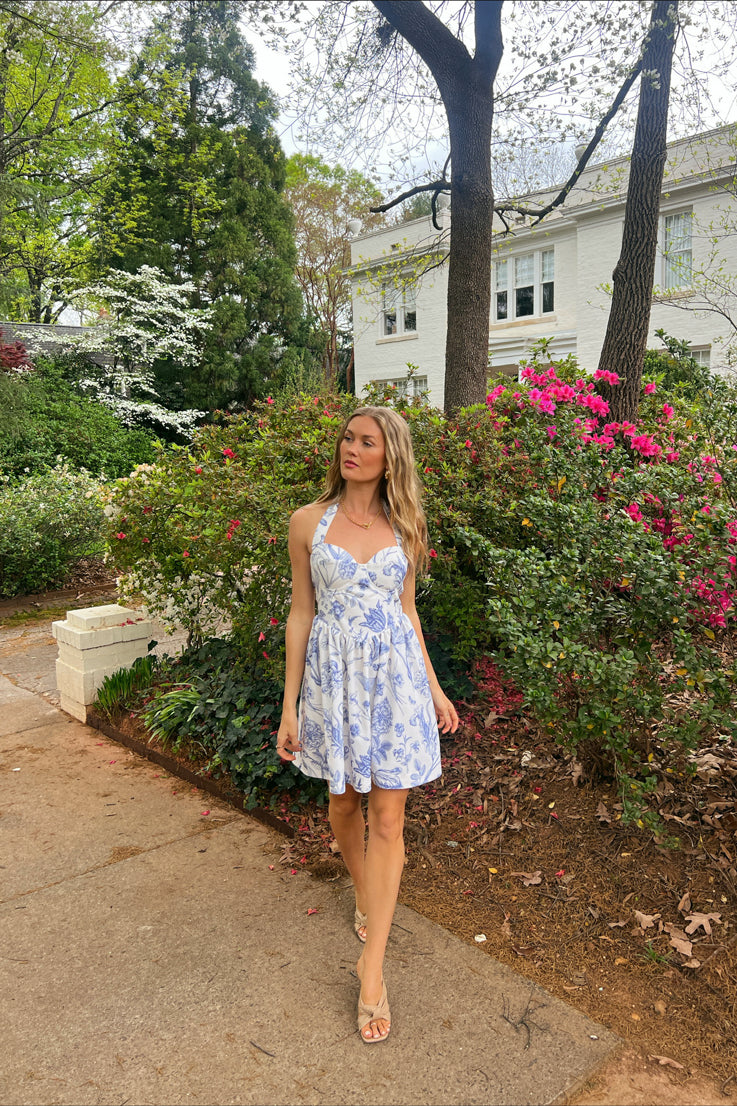 blue and white floral halter dress