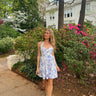 blue and white floral halter dress