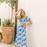 blue and white floral maxi dress with cut outs