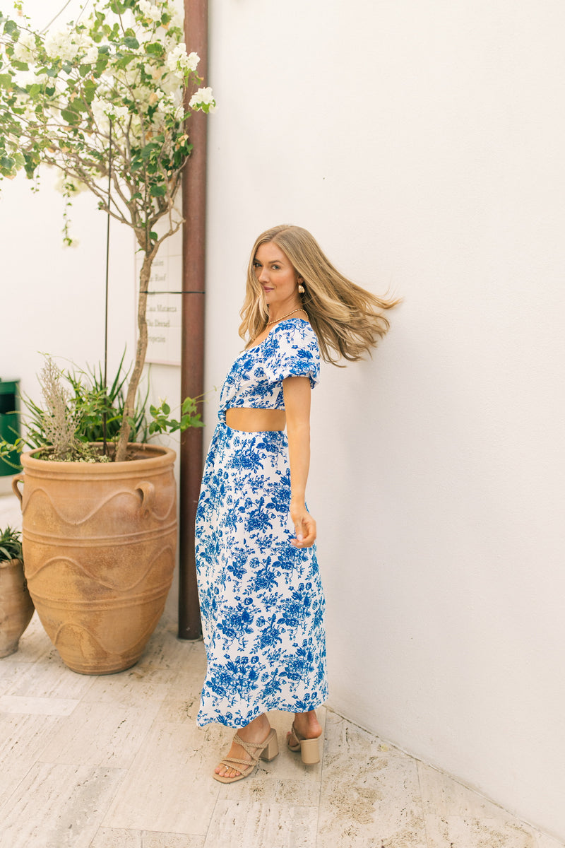 blue and white floral maxi dress with cut outs