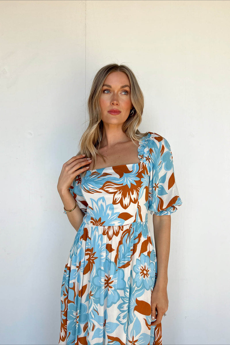 blue ivory and brown floral maxi dress