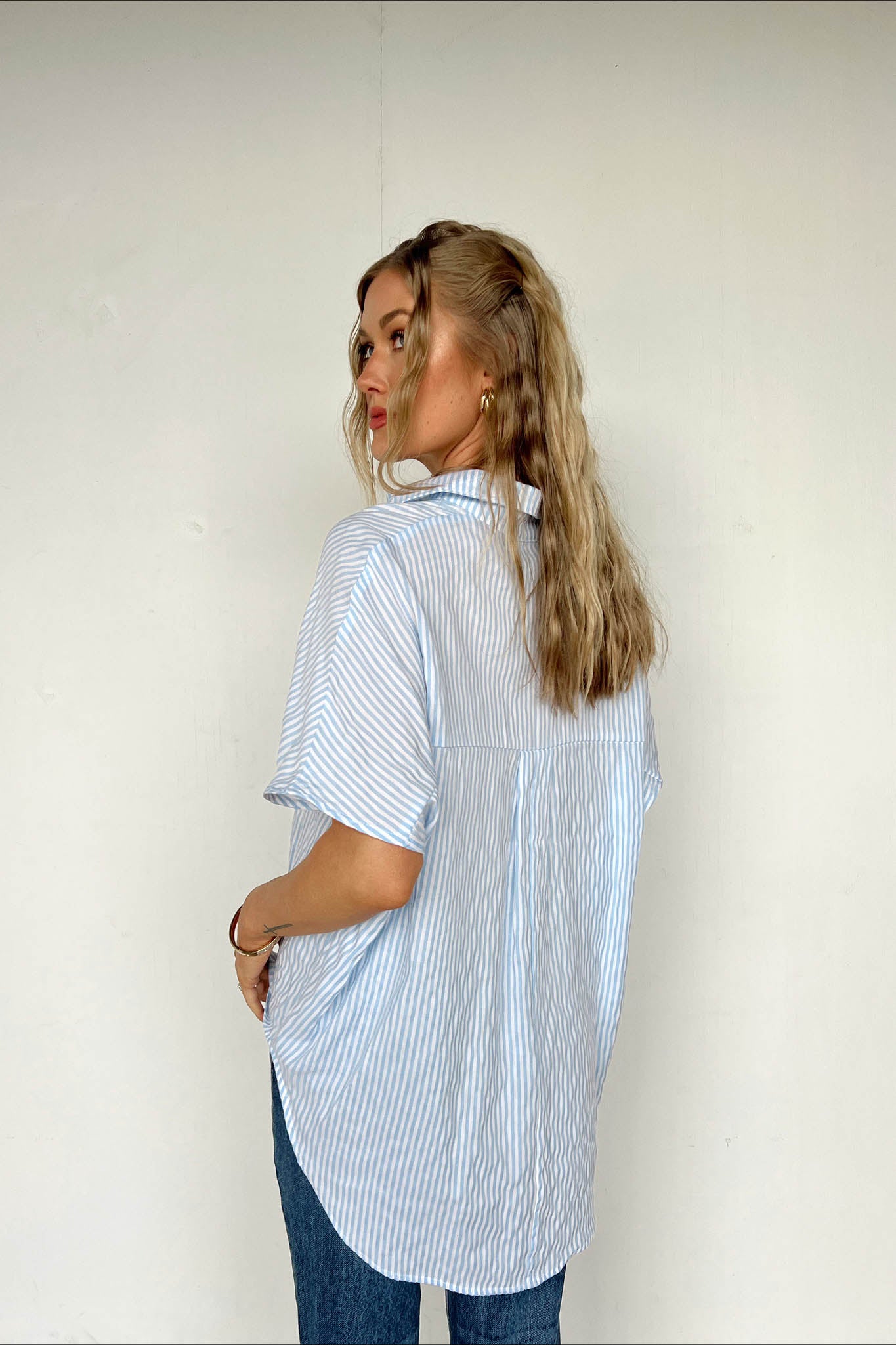 blue and white strip button down short sleeve