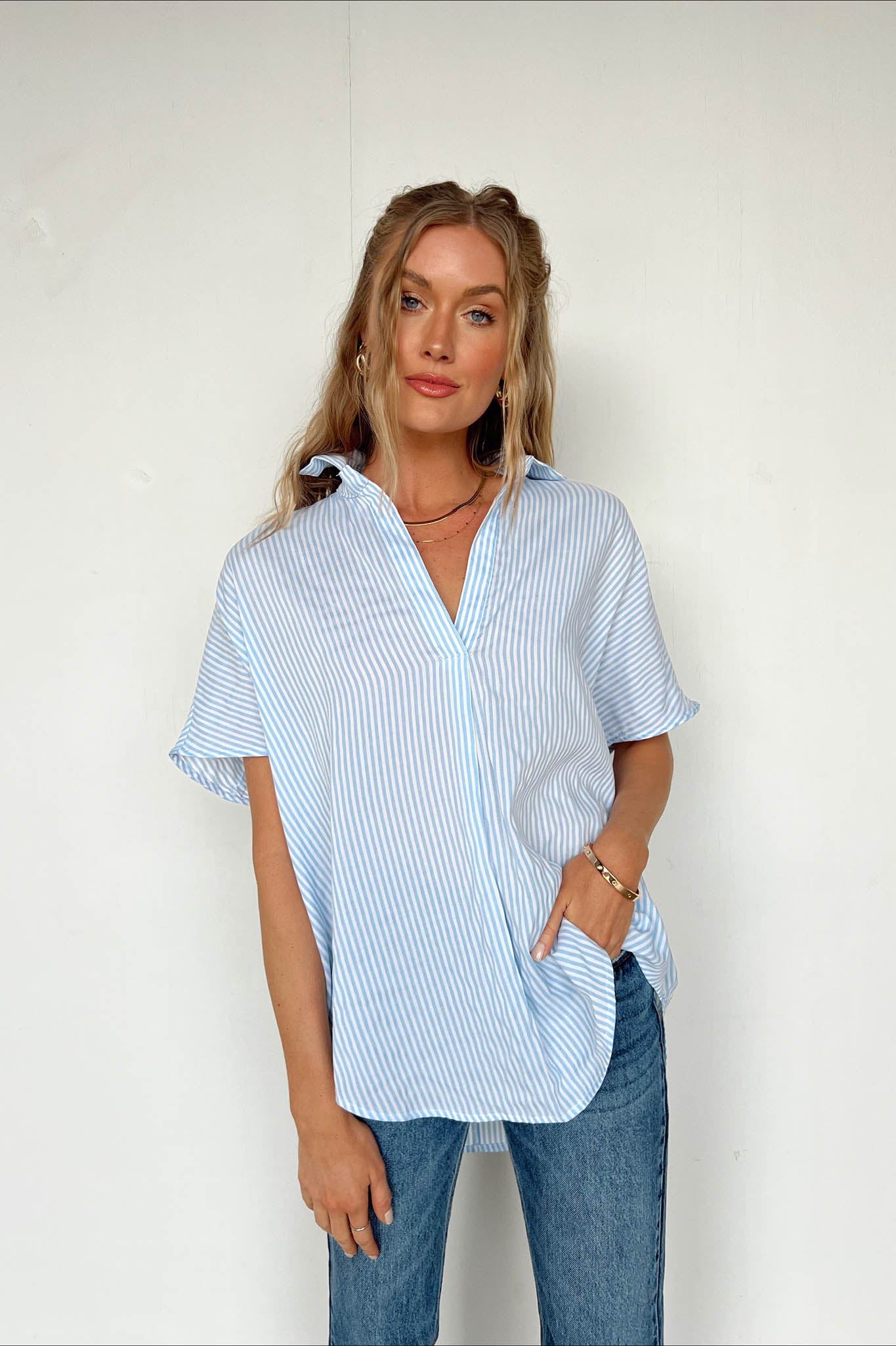 blue and white strip button down short sleeve
