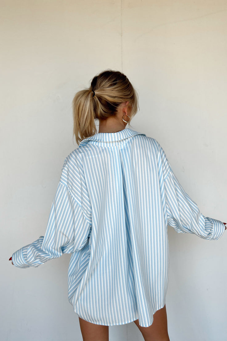 blue and white striped button down 