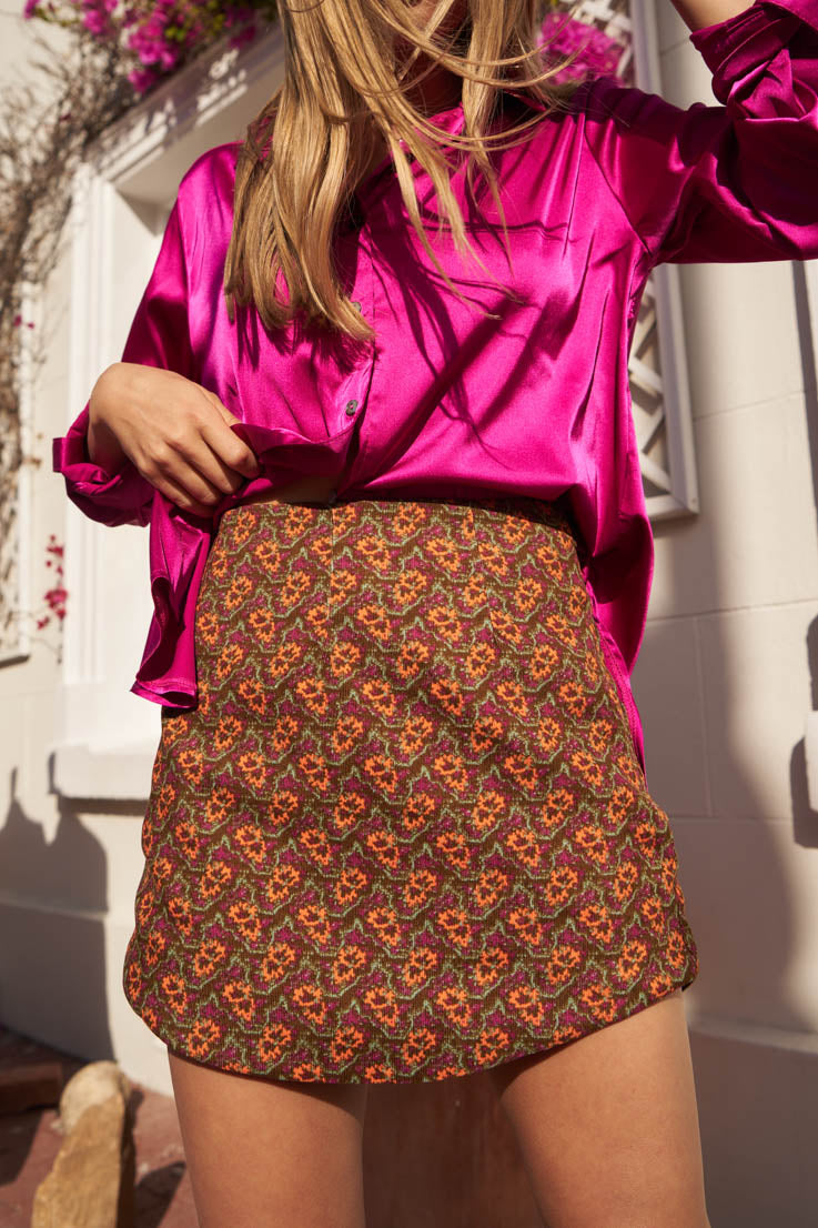 brown burgandy floral mini skirt